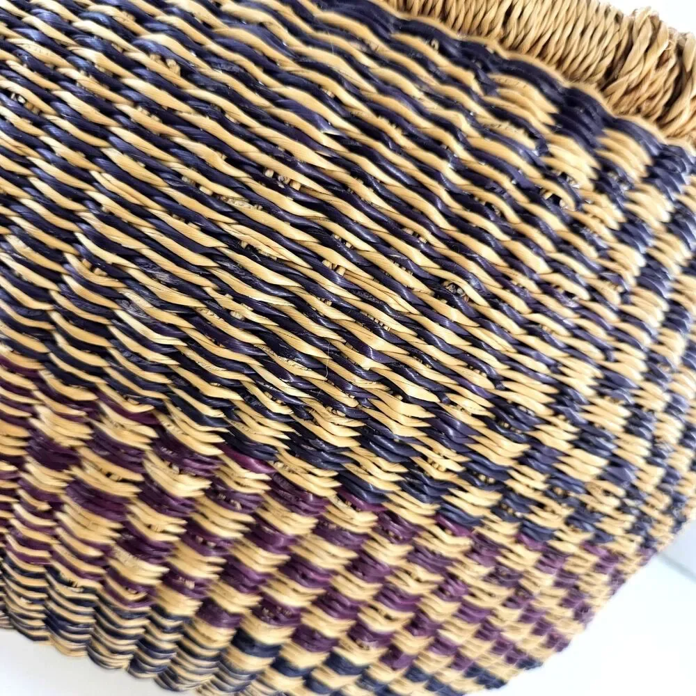 Large‎ Hand Woven Natural African Market Basket Leather Handle 16” Reshapeable